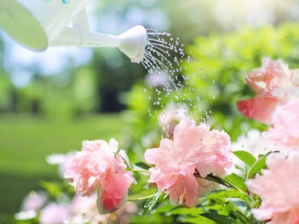 10 Tips for Growing Beautiful Cut Flowers from Seed at Home, A watering can pouring water on blooming peonies in a garden, nurturing flowers for a vibrant bouquet.