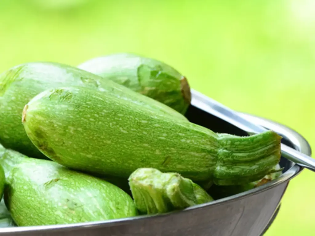 Freshly harvested kousa squash in a metal colander with a blurred green background.