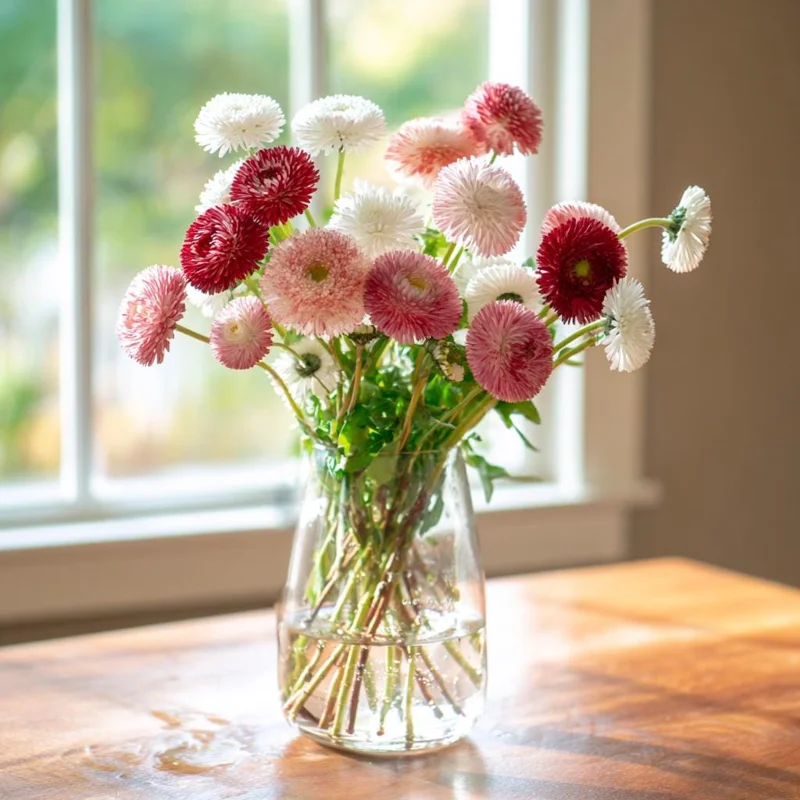 Habanera Mixed Bellis Daisy Seeds – Double Pompon Blooms – 10 Seeds – Red, Pink & White - Image 2