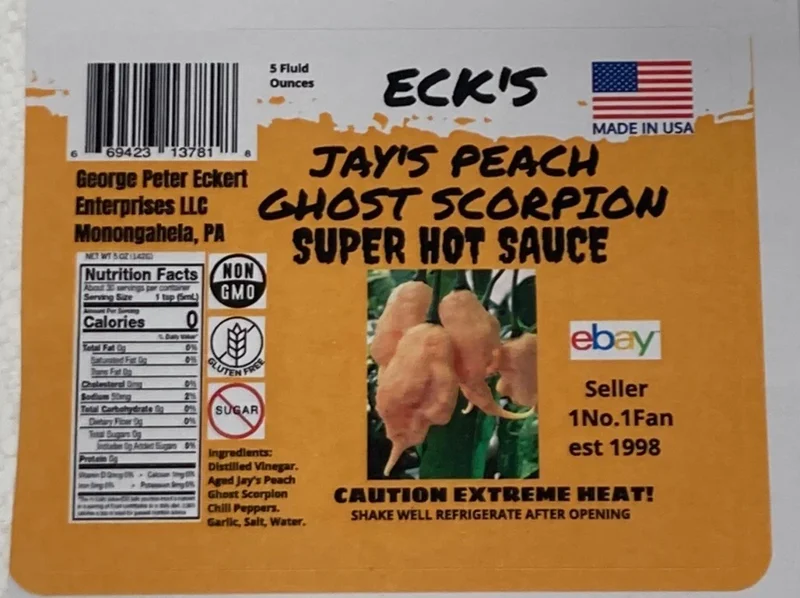 Jay's Peach Ghost Scorpion Super Hot Pepper Sauce - 5 oz Bottle - Image 2