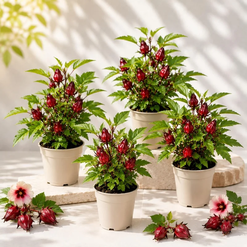 Roselle Hibiscus Live Plants for Planting - Set of 4, 4-8 Inch Tall, Outdoor - Image 1