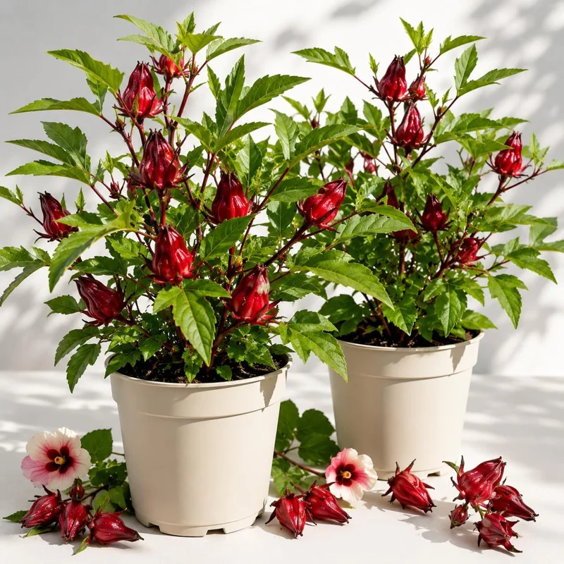 Set of 2 Roselle Hibiscus Live Plants for Planting - 4-8 Inch Tall - Image 1