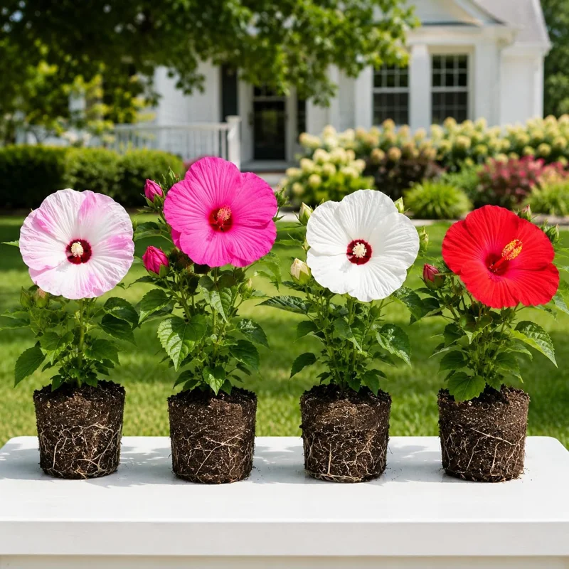 Set of 4 Mixed Hibiscus Live Plant, Hardy Tropical Flower Shrub, 4-8 Inch Tall - Image 1