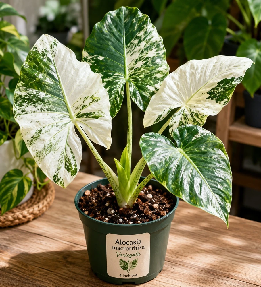 Variegated Alocasia Macrorrhiza Live Plant – 4" Pot – Elephant Ear – Indoor & Outdoor - Image 1